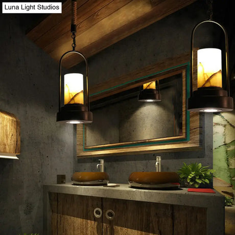 Faux Candle Wine Bar Pendant Lamp - Rural Marble 1-Light Black Hanging Light With Arched Frame &
