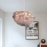 Feather Hanging Chandelier In White/Grey/Pink For Modern Bedroom Lighting - Fabric 4-Light Ceiling