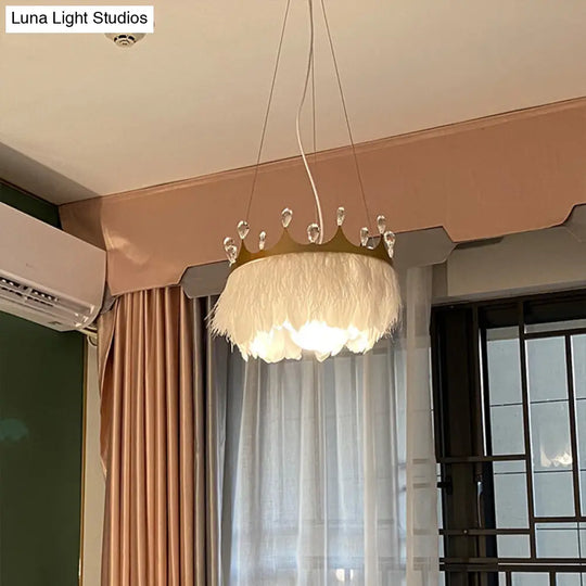 Minimalist Crown Child Room Chandelier With Crystal Accents - White Feather Lamp Pendant