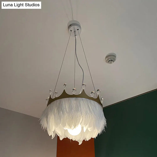 Minimalist Crown Child Room Chandelier With Crystal Accents - White Feather Lamp Pendant
