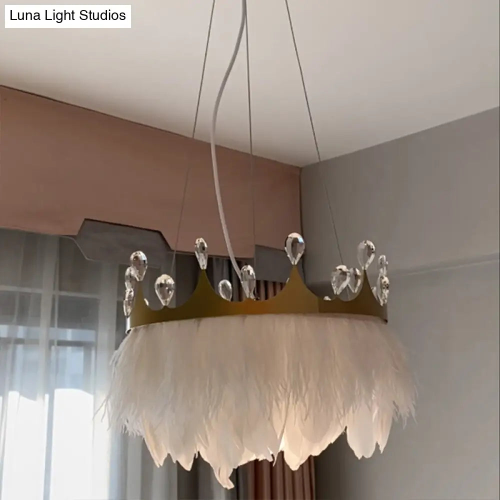 Minimalist Crown Child Room Chandelier With Crystal Accents - White Feather Lamp Pendant