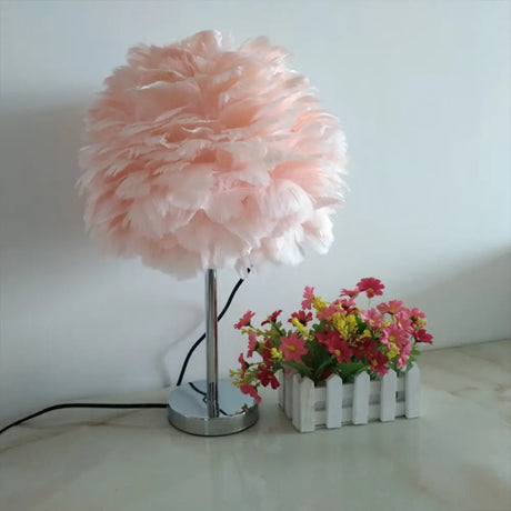 Feathered Modern Artichoke Plug-In Table Light: 1 Light Girls Room Nightstand Lamp (Pink/Grey/White)