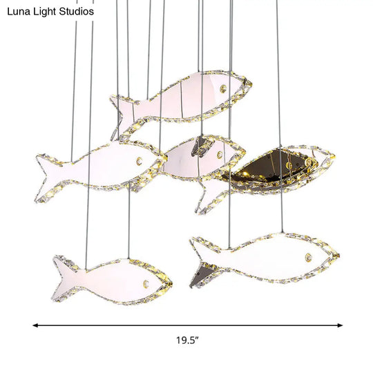 Stainless-Steel Fish Pendant Lamp With 3/6 Crystal Heads And Warm/White Light For Bedroom