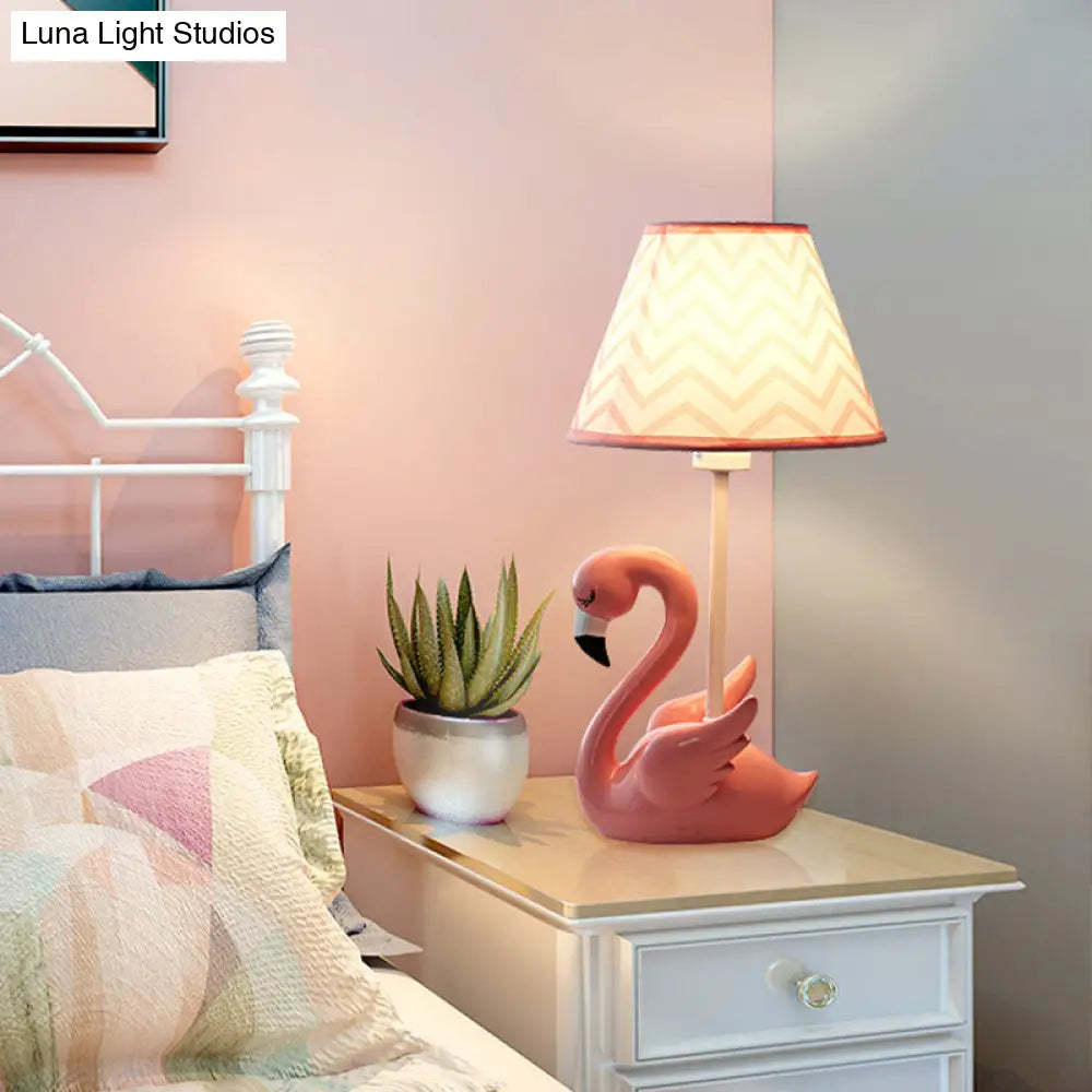 Flamingo Base Kids Cone Shade Nightstand Lamp: Pink Fabric 1 Head Table Lamp