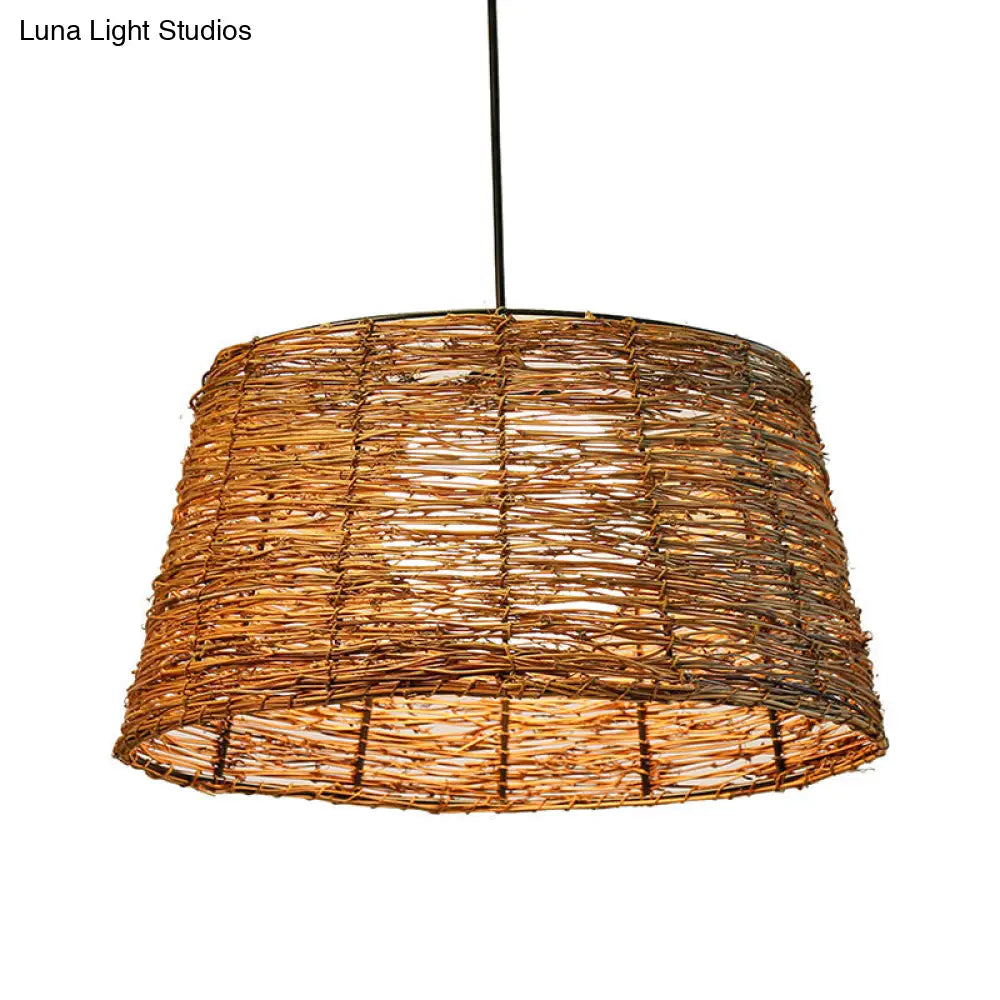 Flare Pendant Light - Asian Rattan 1-Head Brown Ceiling Lamp With Milk Glass Shade