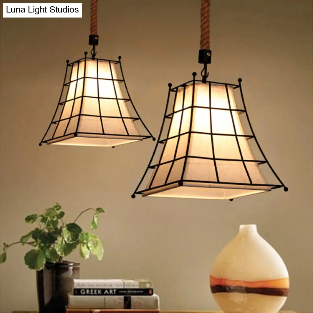 Rustic Black Wire Frame Hanging Lamp With Fabric Shade - 1 Light Suspension Flaxen
