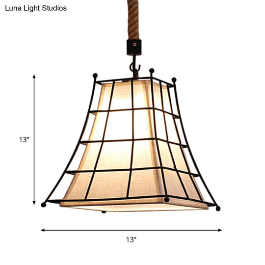 Rustic Black Wire Frame Hanging Lamp With Fabric Shade - 1 Light Suspension