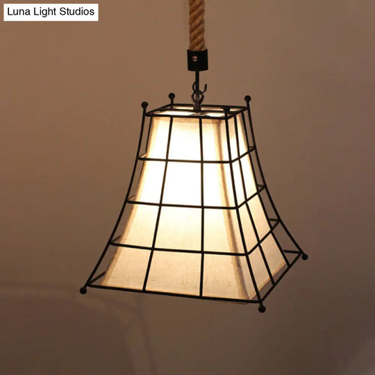 Flared Hanging Lamp With Fabric Shade - Wire Frame Rustic Suspension Light In Black