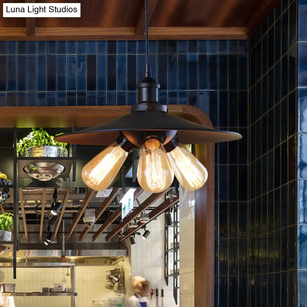 Flared Industrial Chandelier Light Fixture - 3-Light Metal Pendant Lighting In Black For Restaurants