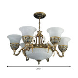 Flared Shade Alabaster Glass Chandelier Traditional 9 Heads Dining Room Suspension Light In Bronze