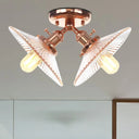 Flared Shade Ceiling Mount Light With Clear Ribbed Glass - 2 Heads Ideal For Restaurants