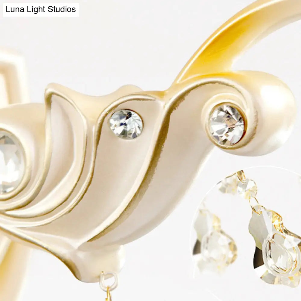 Floral Beige Glass Wall Lamp With Crystal Draping - Retro Style Living Room Fixture