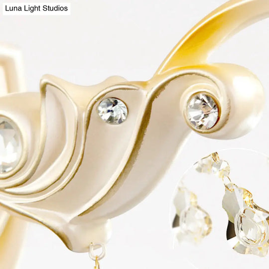 Floral Beige Glass Wall Lamp With Crystal Draping - Retro Style Living Room Fixture
