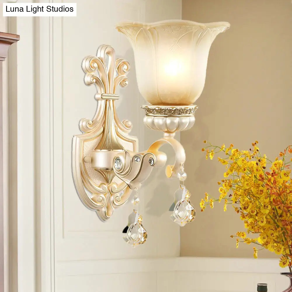 Floral Beige Glass Wall Lamp With Crystal Draping - Retro Style Living Room Fixture