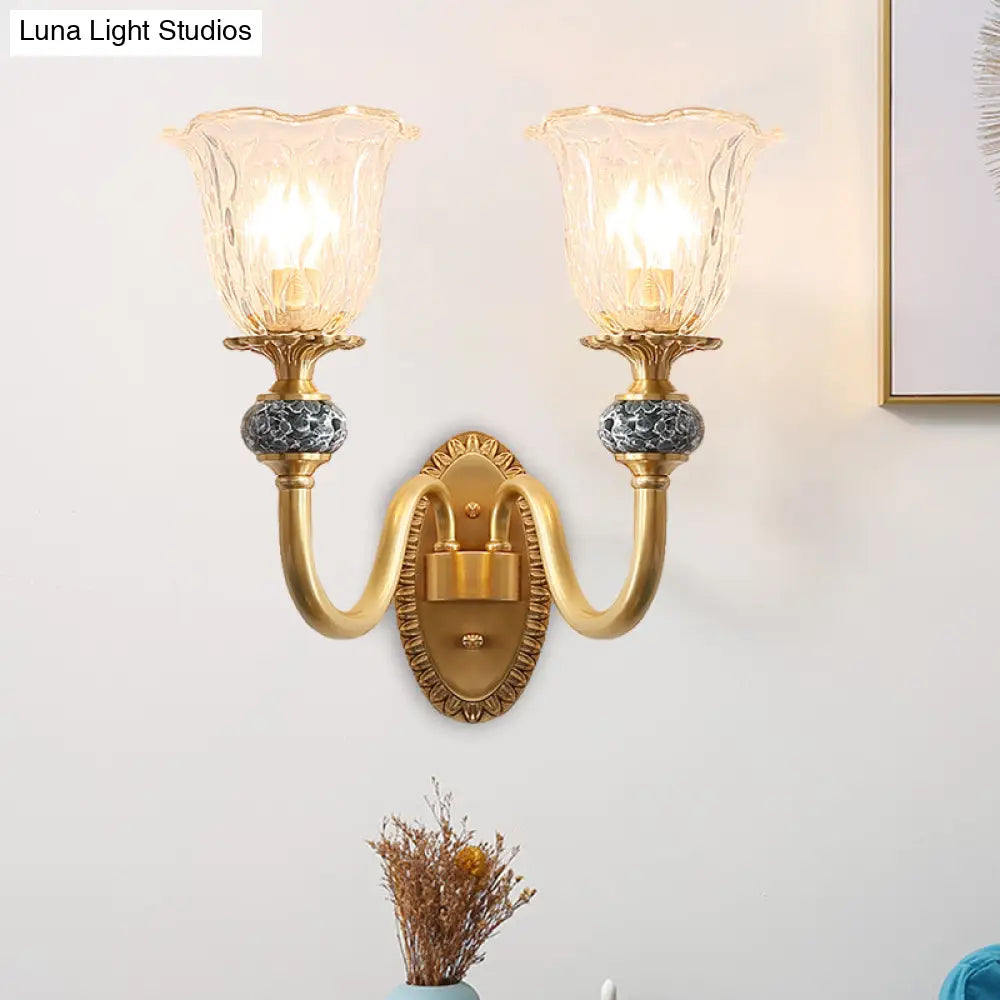 Floral Farmhouse Dining Room Wall Sconce - Clear Ribbed Glass 6/17 W 2 Lights Brass Finish