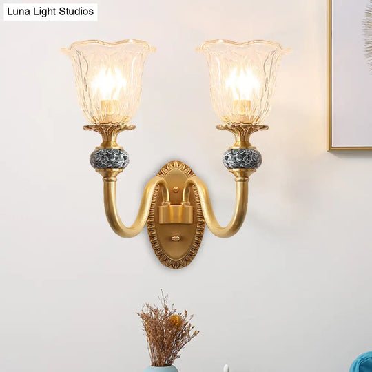 Floral Farmhouse Dining Room Wall Sconce - Clear Ribbed Glass 6/17 W 2 Lights Brass Finish