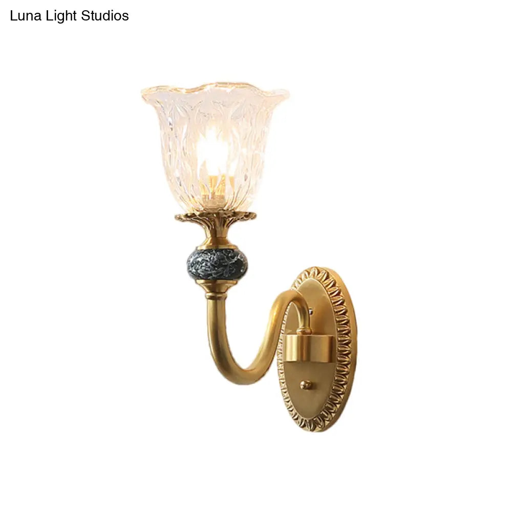 Floral Farmhouse Dining Room Wall Sconce - Clear Ribbed Glass 6/17 W 2 Lights Brass Finish