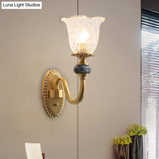 Floral Farmhouse Dining Room Wall Sconce - Clear Ribbed Glass 6/17 W 2 Lights Brass Finish