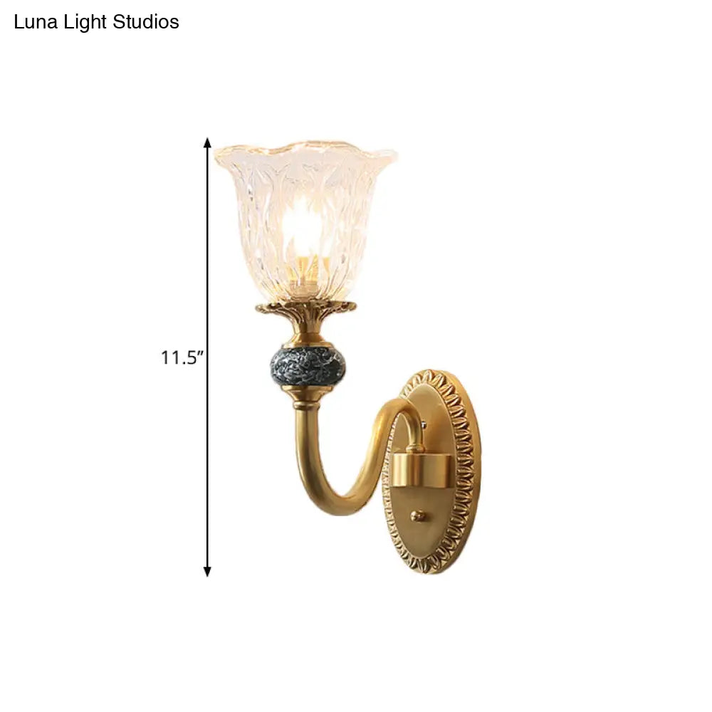Floral Farmhouse Dining Room Wall Sconce - Clear Ribbed Glass 6/17 W 2 Lights Brass Finish