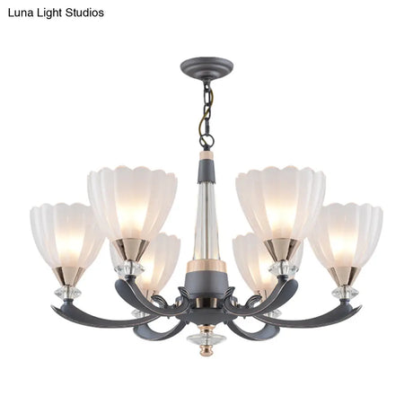 Floral Shade Opal Glass Pendant Chandelier - 6/8 Bulbs Countryside Grey Ideal For Guest Rooms