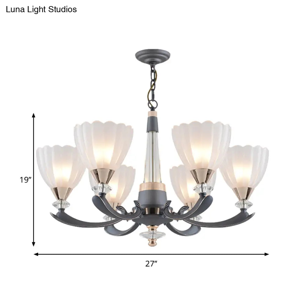 Floral Shade Opal Glass Pendant Chandelier - 6/8 Bulbs Countryside Grey Ideal For Guest Rooms