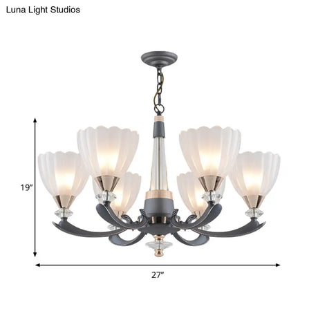 Floral Shade Opal Glass Pendant Chandelier - 6/8 Bulbs Countryside Grey Ideal For Guest Rooms