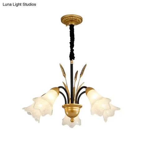 Floral Shaped White Glass Chandelier - Traditional 6/8/12 Lights Study Room Ceiling Light In Brass