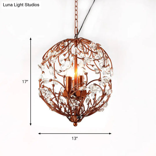 Floral Sphere Hanging Chandelier: Traditional 3-Light Black/Bronze Iron Lamp With Crystal Accent