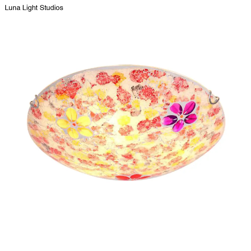 Floral Tiffany Red Stained Glass Flush Mount Lighting - 2/3 Lights 12’/16’/19.5’ Wide