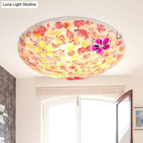 Floral Tiffany Red Stained Glass Flush Mount Lighting - 2/3 Lights 12’/16’/19.5’ Wide