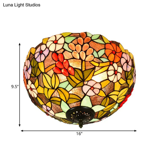Flower Ceiling Lighting Tiffany Brass Flush Mount Light For Hallway - 2/3 Lights 12’/16’ Wide