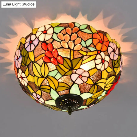 Flower Ceiling Lighting Tiffany Brass Flush Mount Light For Hallway - 2/3 Lights 12’/16’ Wide
