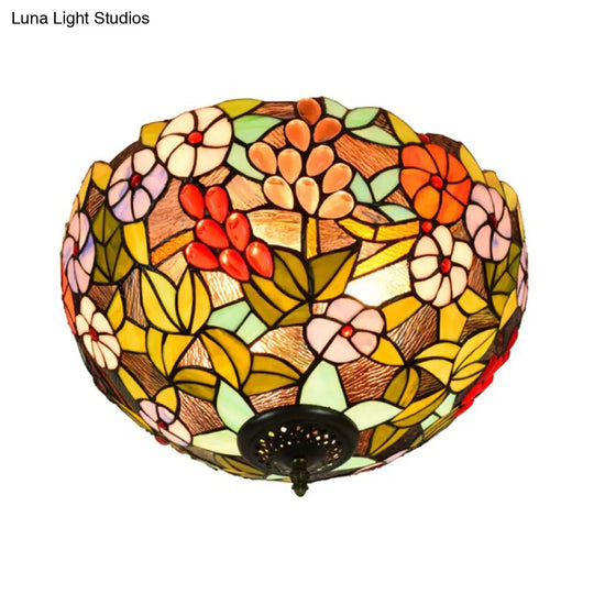 Flower Ceiling Lighting Tiffany Brass Flush Mount Light For Hallway - 2/3 Lights 12/16 Wide
