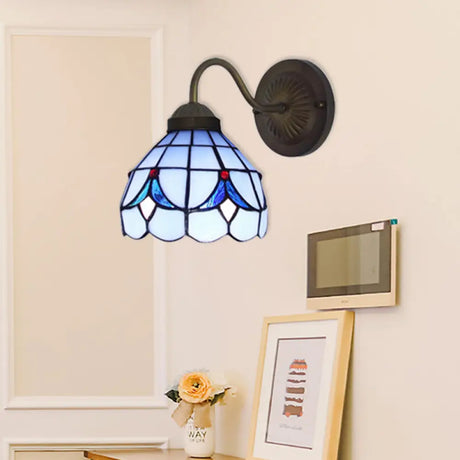 Flower Sconce Light Fixture - Tiffany White/Blue Glass Wall Mounted For Bedroom Blue