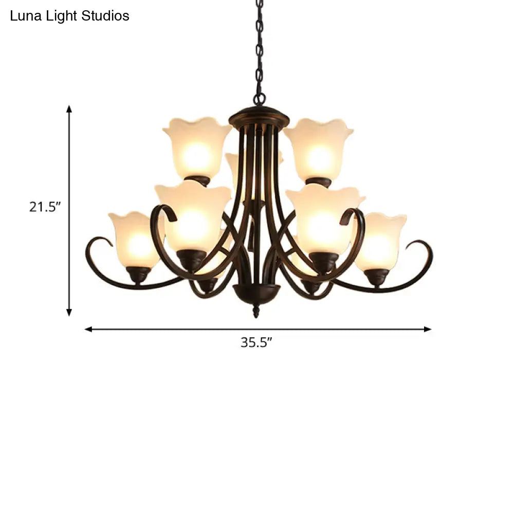 Flower-Shaped Opal Glass Pendant Lamp: Black 9-Light Classic Chandelier For Living Room