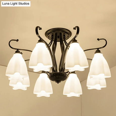 Flower-Shaped White Glass Ceiling Light Fixture With 3/6/8 Lights For Classic Living Room