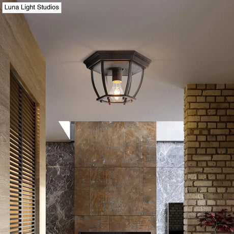 Flush Mount Cage Light Fixture In Rust With Clear Glass For Balcony - Traditional Style