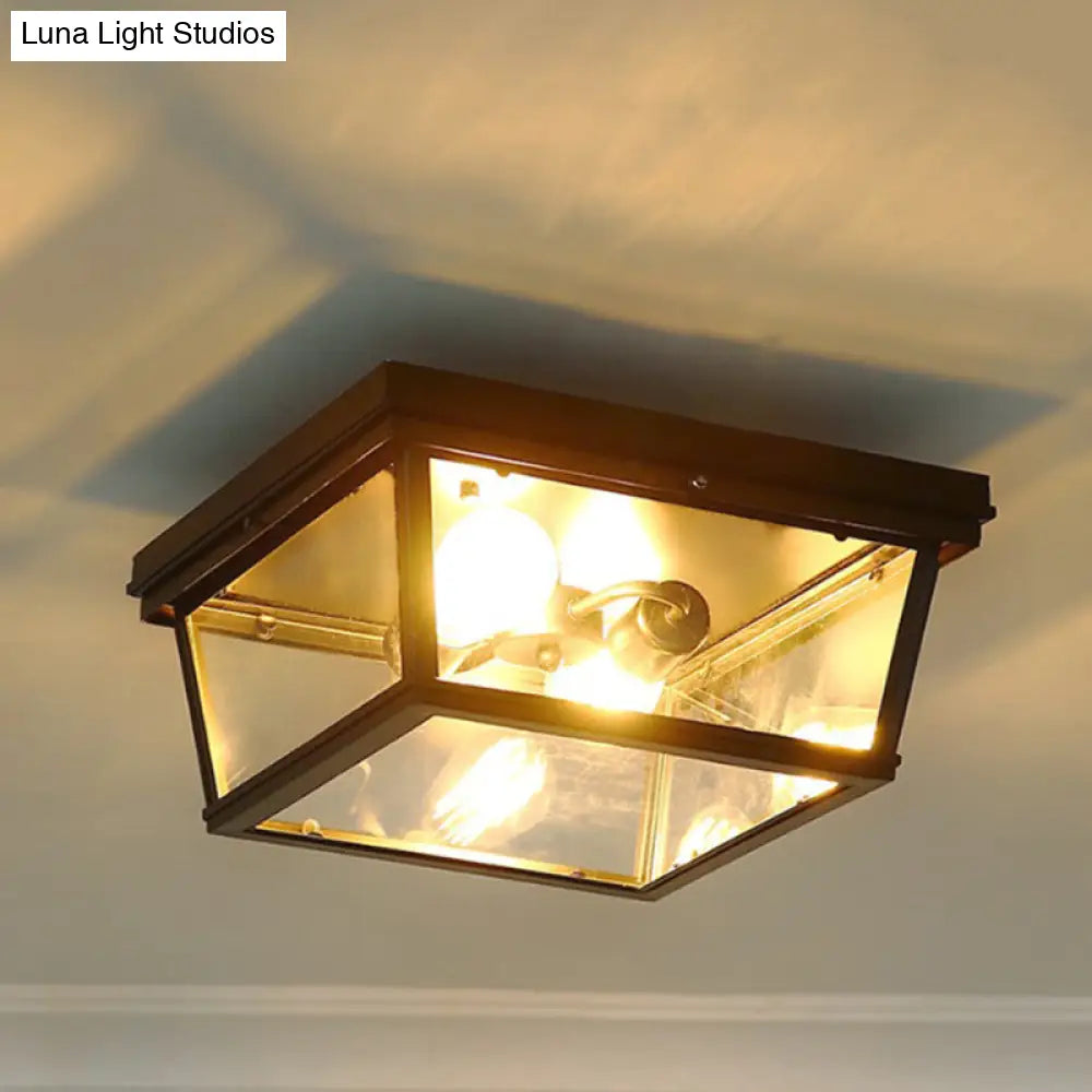 Flush Mount Farmhouse Ceiling Light With 2 Bulbs - Black Cube Design And Clear Glass Ideal For