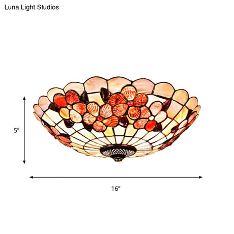 Flushmount Tiffany Shell Ceiling Light Fixture With Peony Pattern Pink 3/4 Bulbs Various Sizes