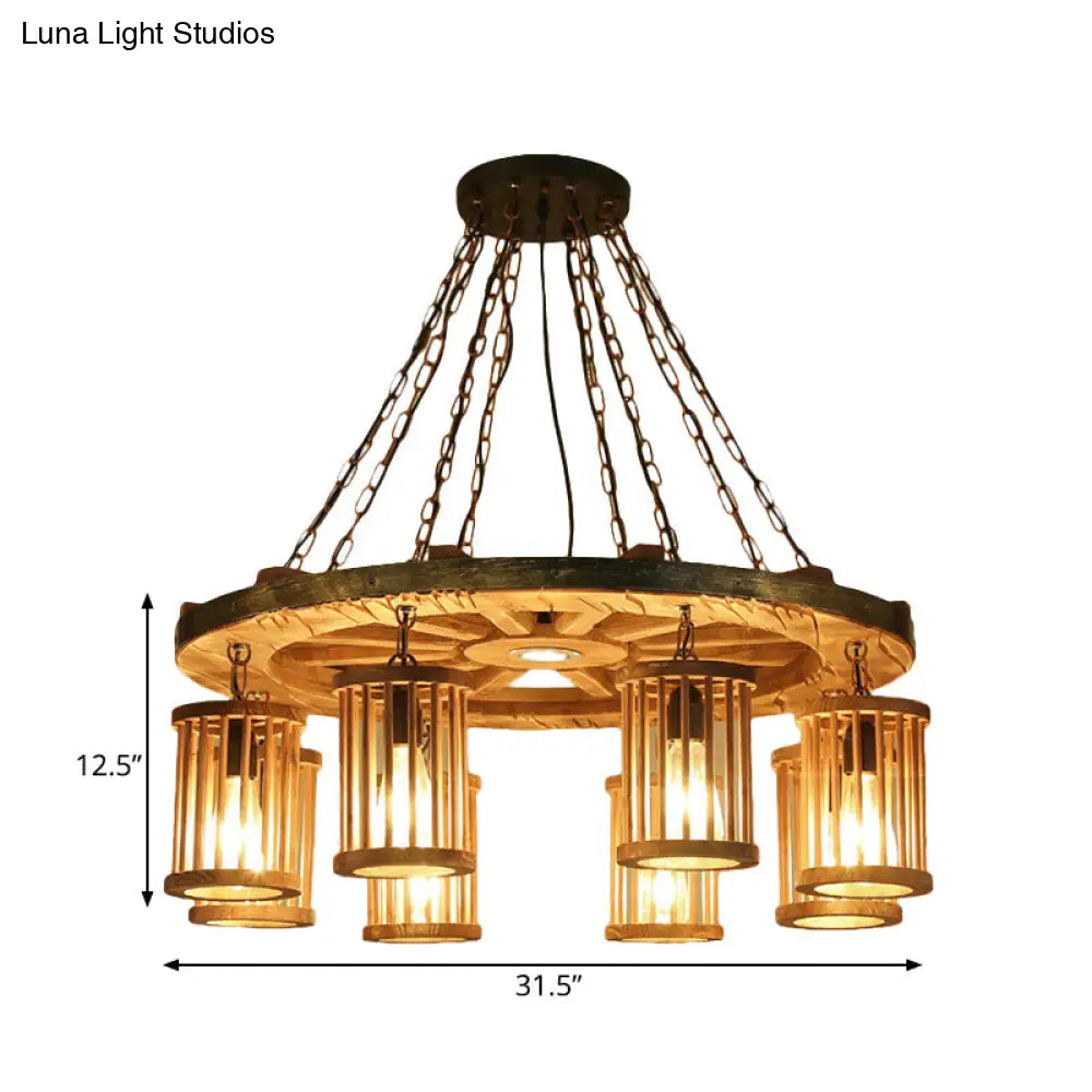 Franã§Oise - Retro Cylinder Chandelier Light Fixture 8-Bulb Wood Ceiling Pendant With Wheel For