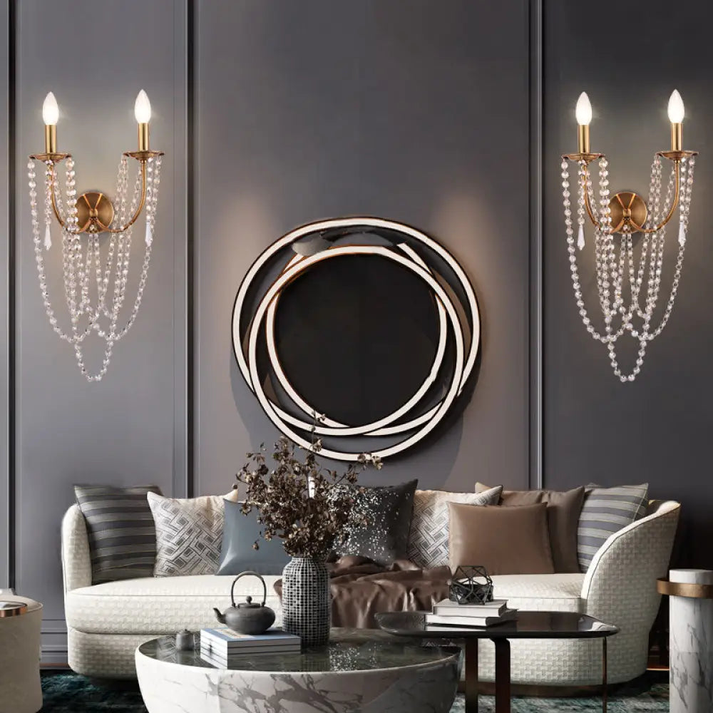 French Country 2-Head Metallic Open Bulb Wall Mount Lamp With Clear Crystal Bead - Brushed Brass