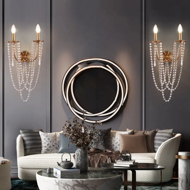 French Country 2-Head Metallic Open Bulb Wall Mount Lamp With Clear Crystal Bead - Brushed Brass