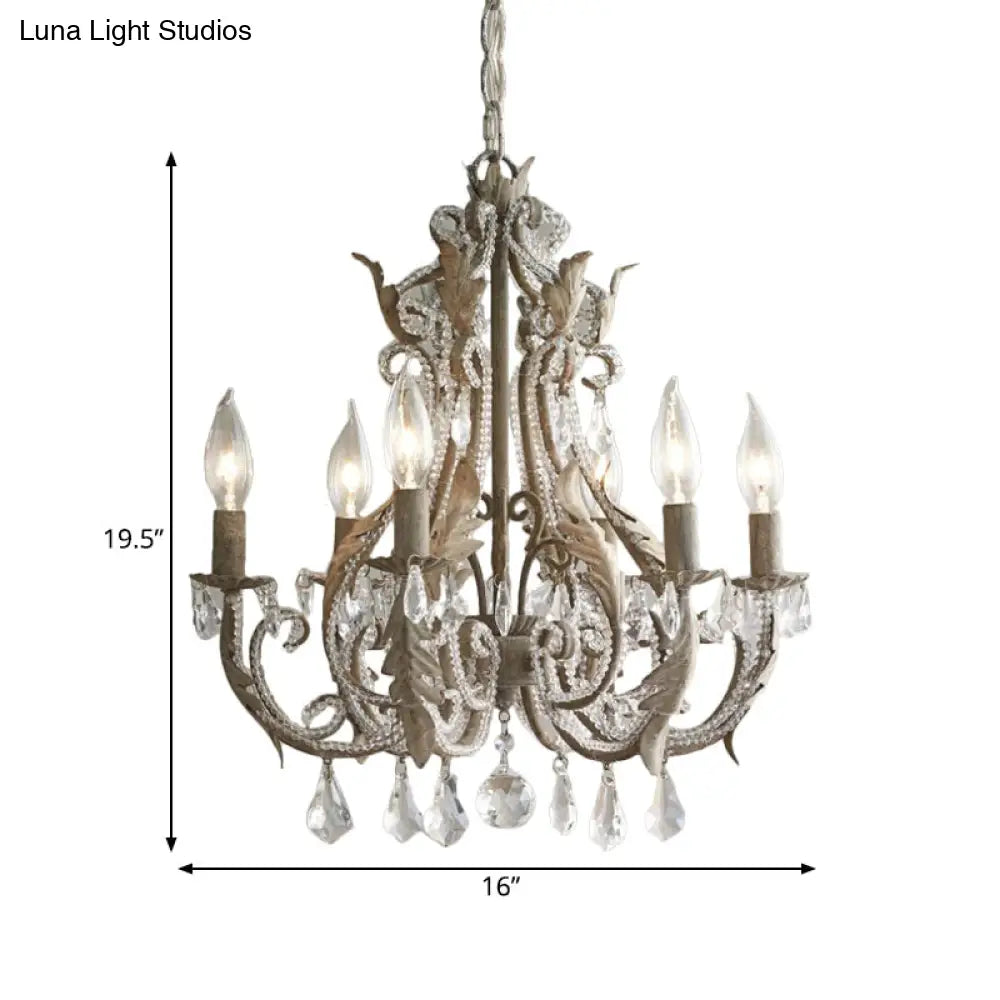 French Country Candle Chandelier - 6 Light Crystal Hanging In Antiqued Grey