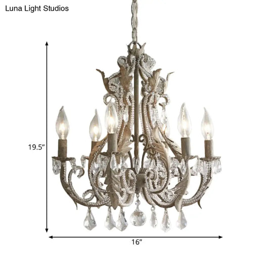 French Country Candle Chandelier - 6 Light Crystal Hanging In Antiqued Grey