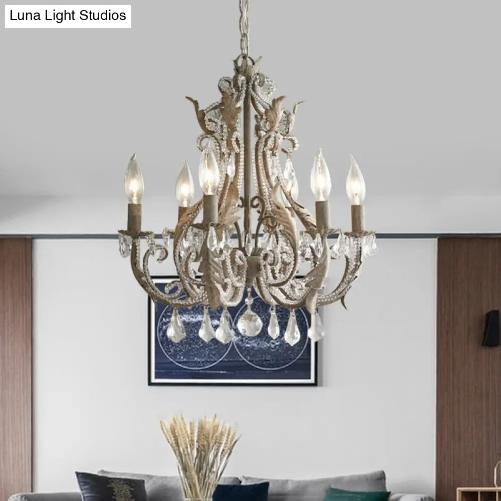 French Country Candle Chandelier - 6 Light Crystal Hanging In Antiqued Grey