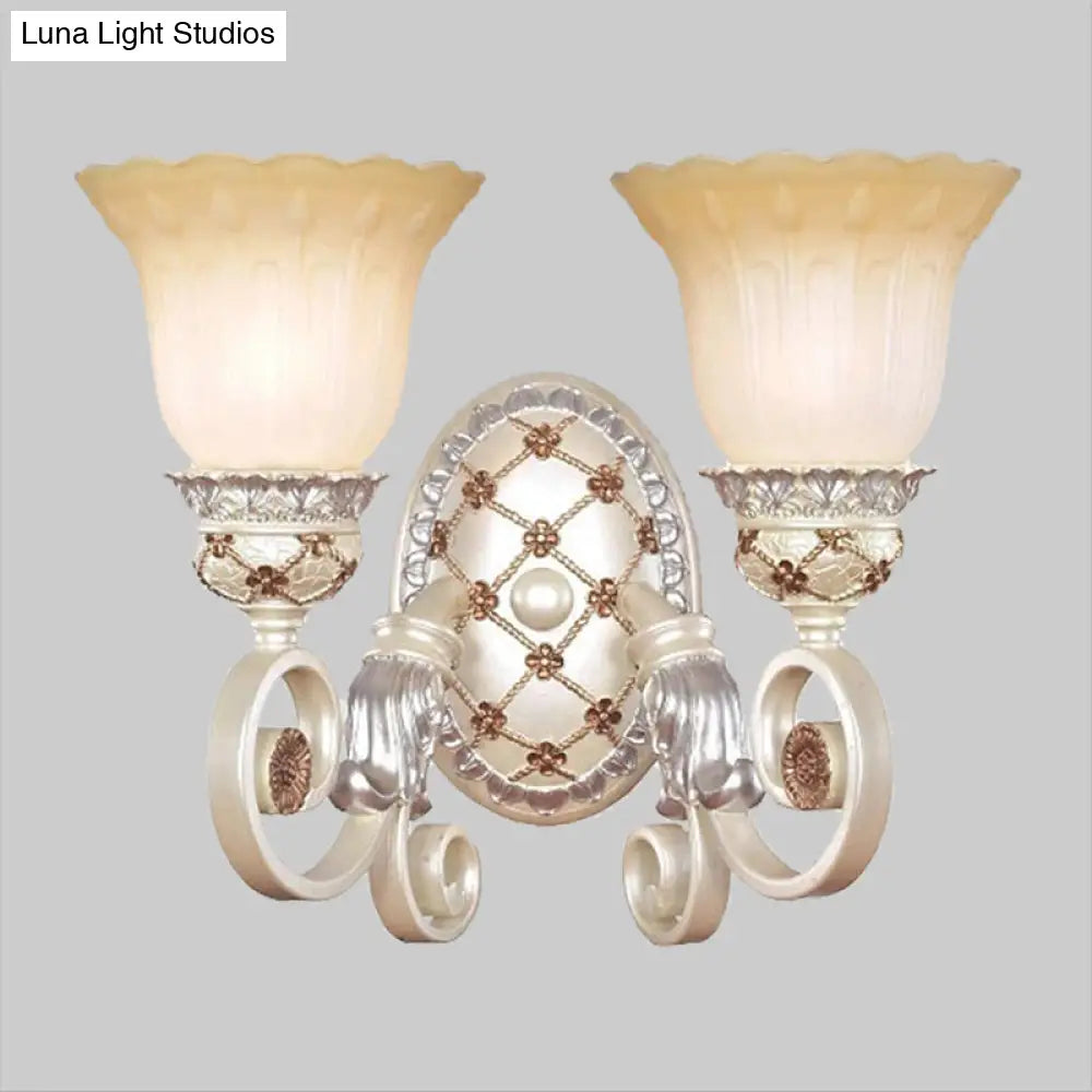French Country Blossom Wall Sconce - Opaline Glass Lighting With Swirl Arm In Gold