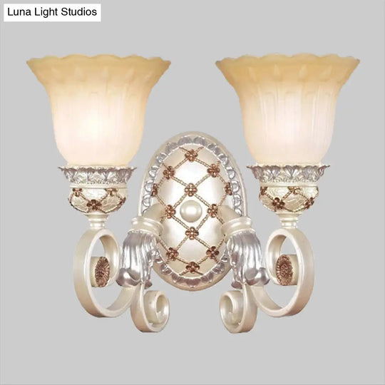 French Country Blossom Wall Sconce - Opaline Glass Lighting With Swirl Arm In Gold