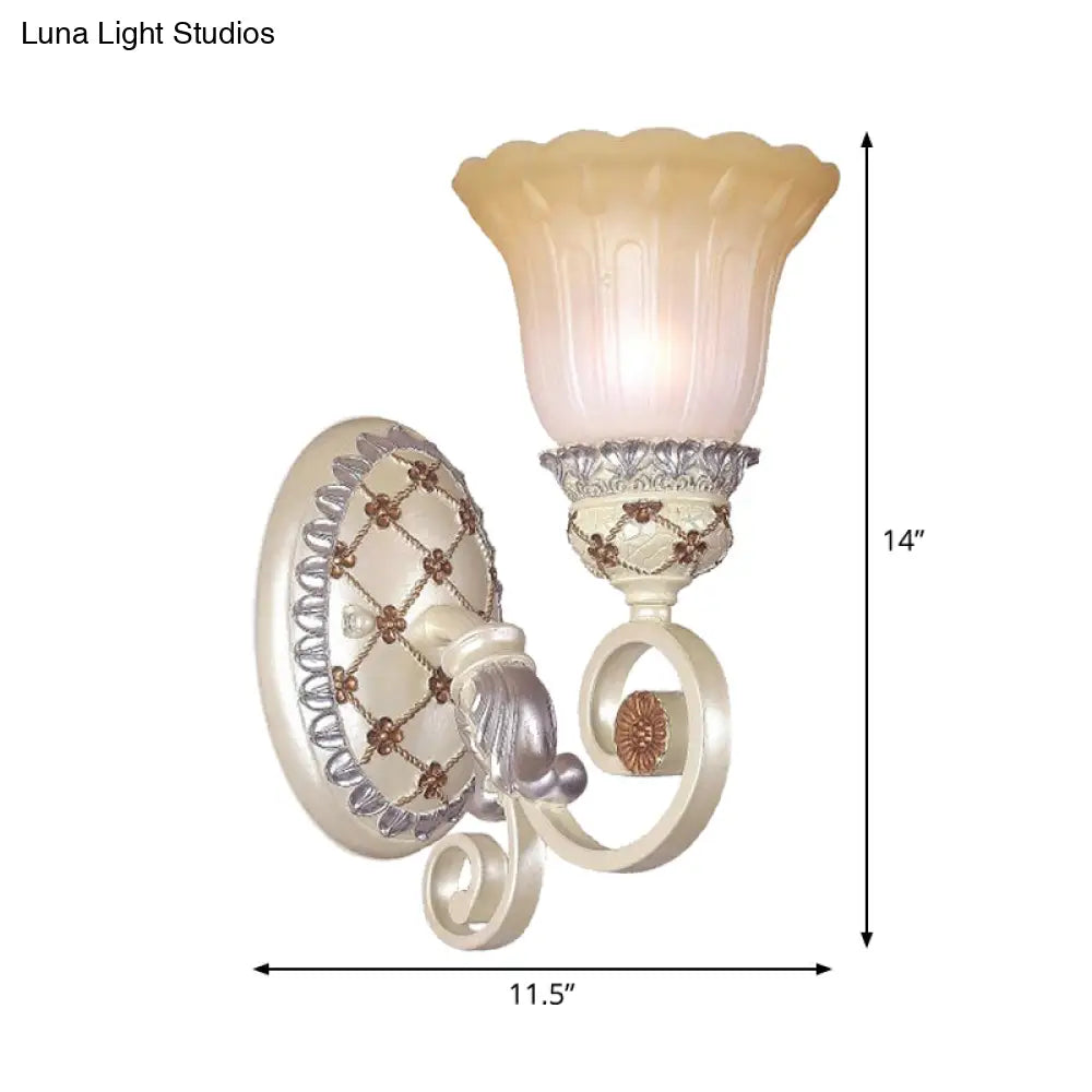French Country Blossom Wall Sconce - Opaline Glass Lighting With Swirl Arm In Gold