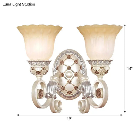 French Country Blossom Wall Sconce - Opaline Glass Lighting With Swirl Arm In Gold
