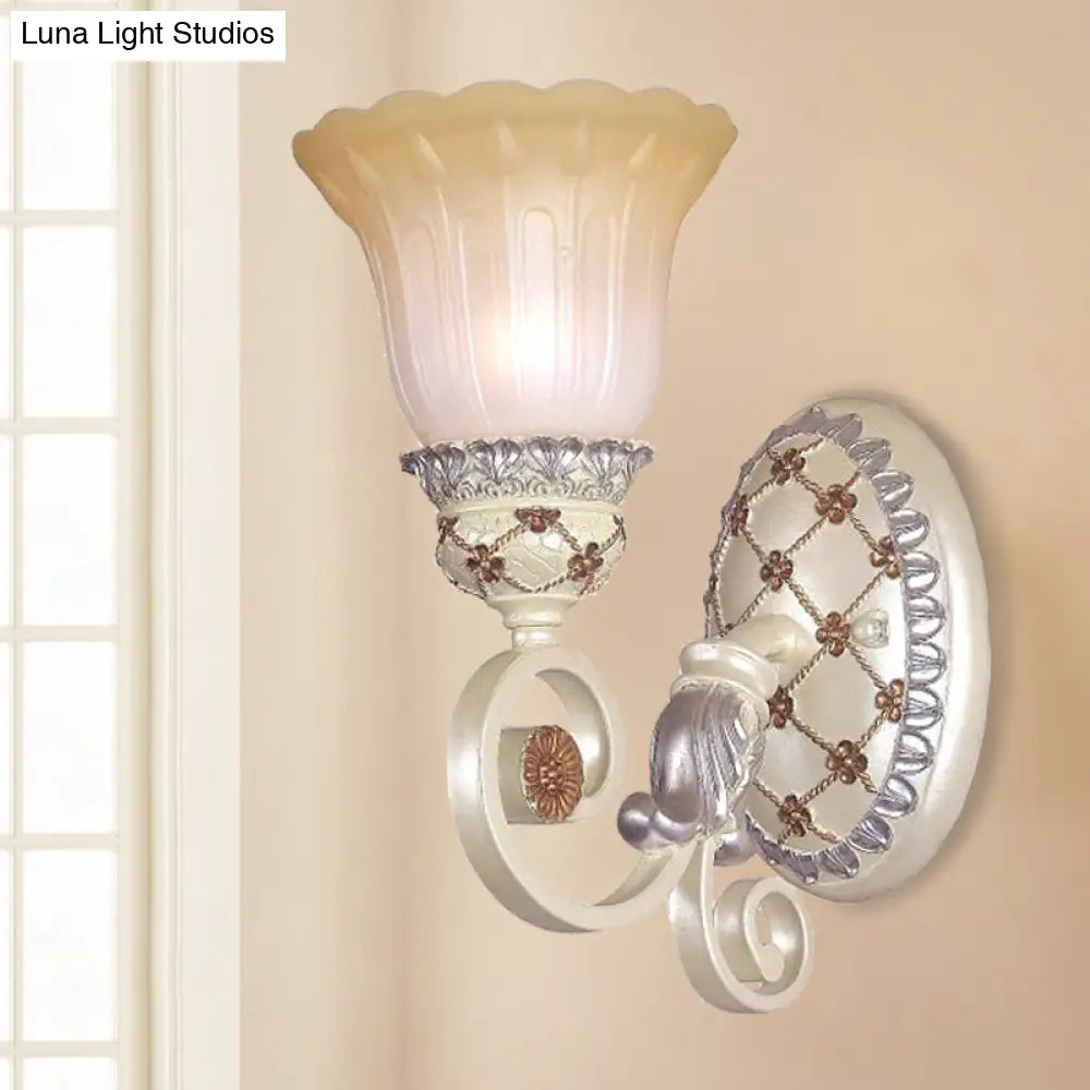 French Country Blossom Wall Sconce - Opaline Glass Lighting With Swirl Arm In Gold